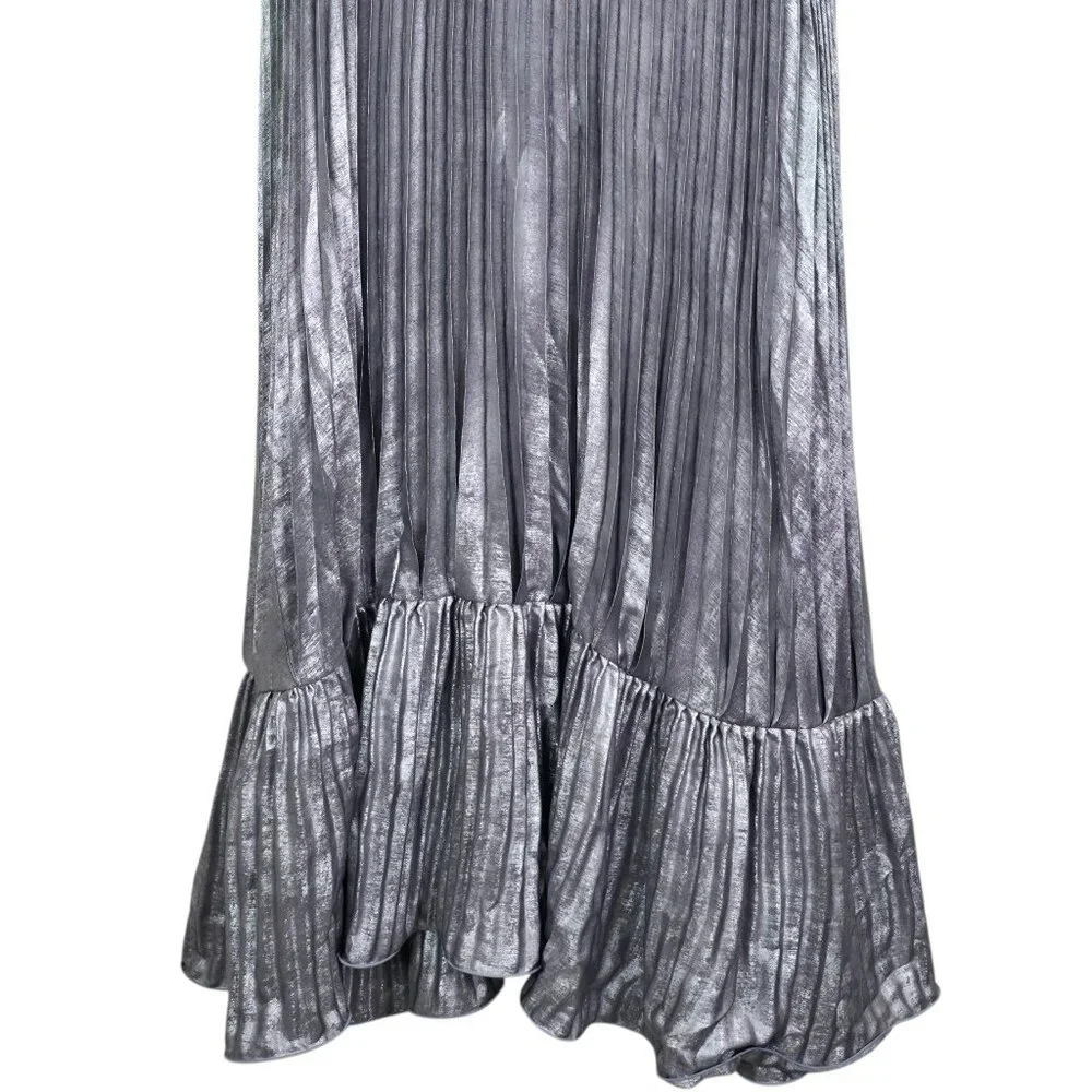 L'idee‎ Fantasia Dress Silver Grey Pleated Strapless Metallic Shift Gown Size 2